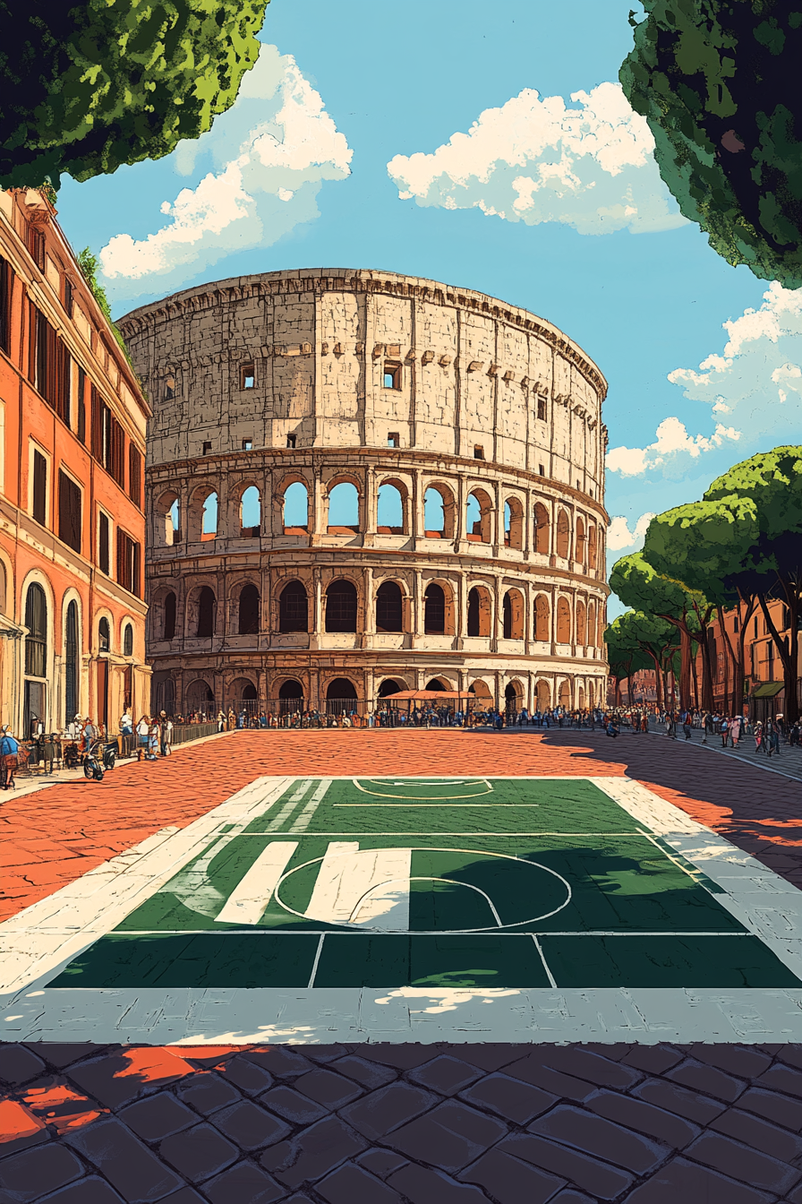 Italian flag-themed basketball court near Colosseum, bustling with locals.