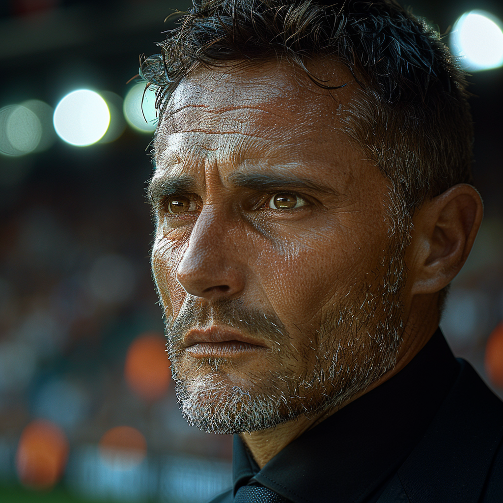 Italian football manager, Neri Cresci, intense on sidelines.