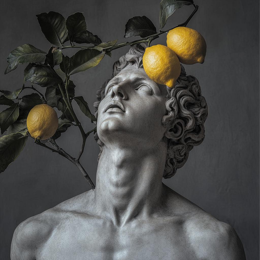 Italian male statue surrounded by lemon trees, looking up.