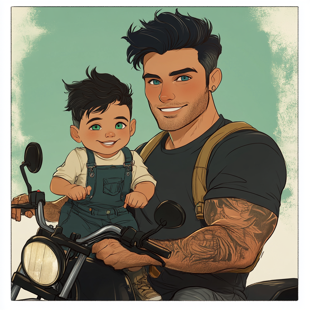 Italian man with toddler on motorcycle cartoon illustration