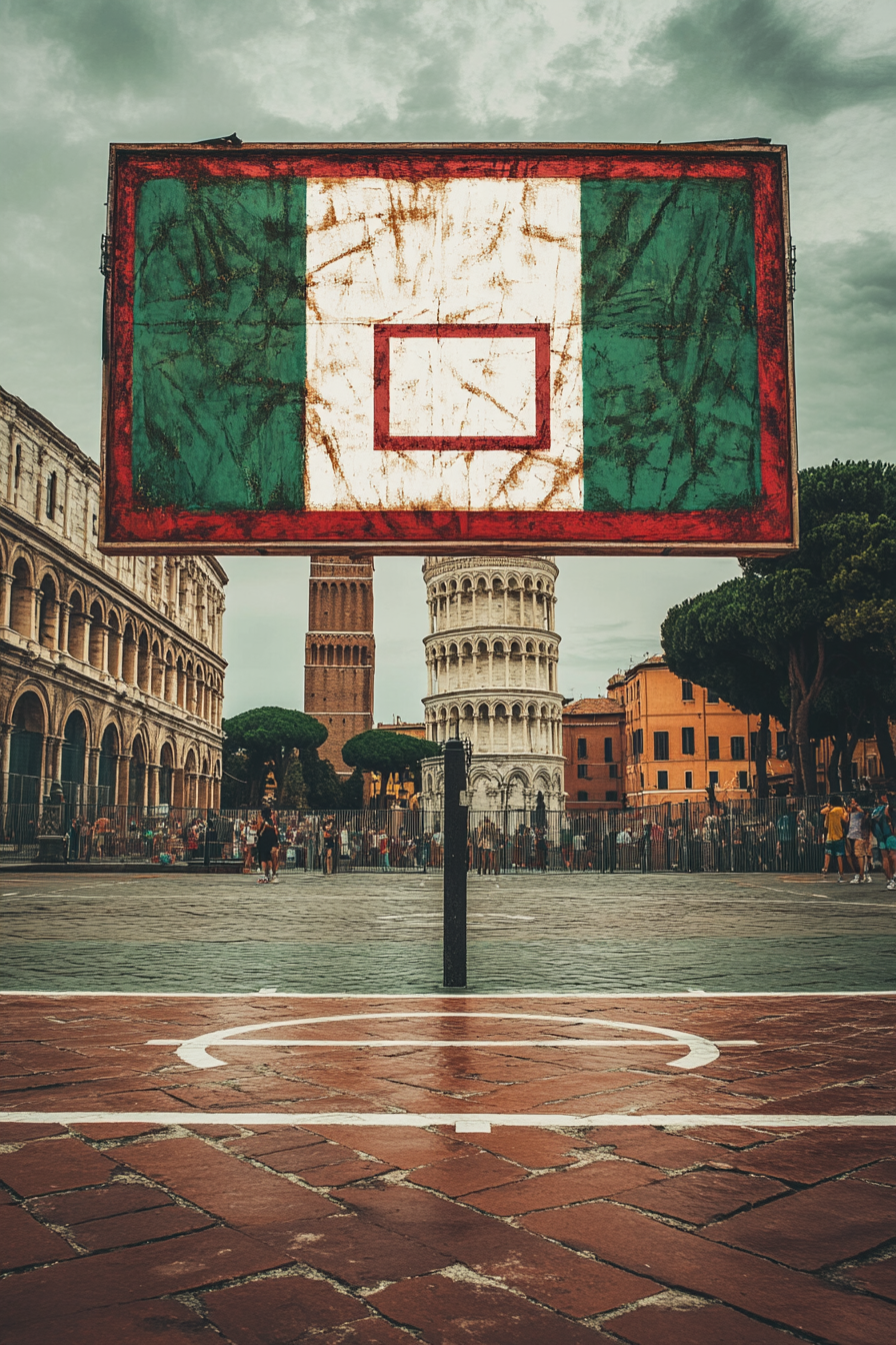 Italian-themed basketball backboard with flag, landmarks, locals.