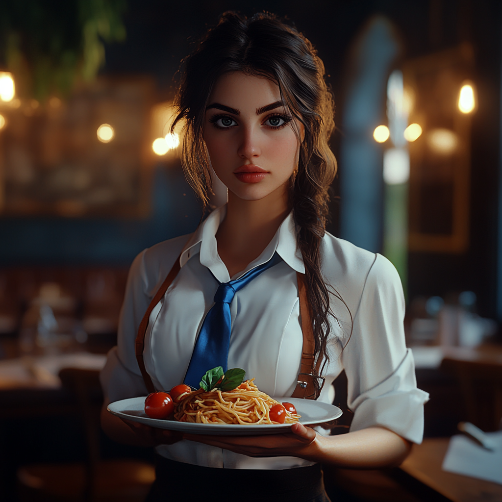 Italian waitress holds tomato pasta in luxurious restaurant.