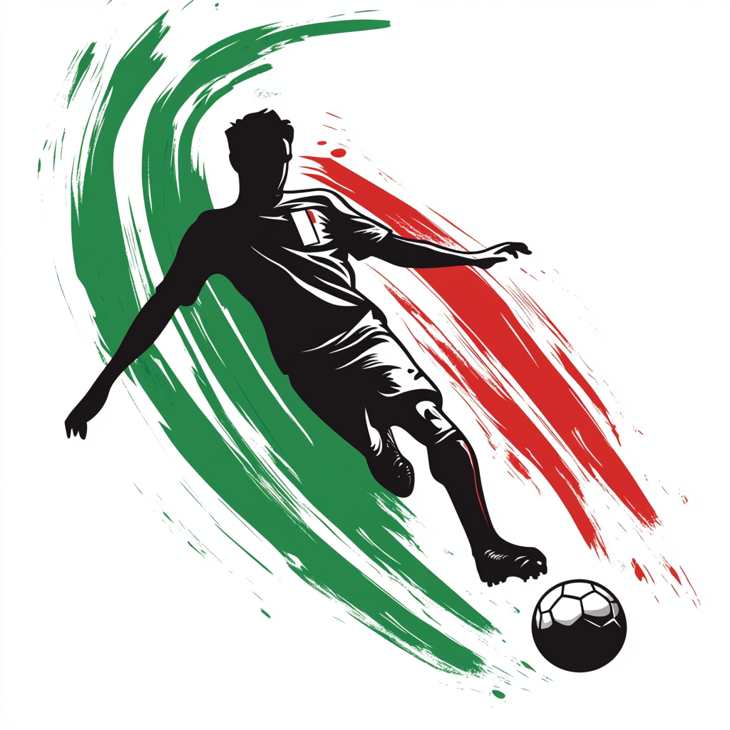 Italy soccer player kicking ball, dynamic movement, recognizable glyph.