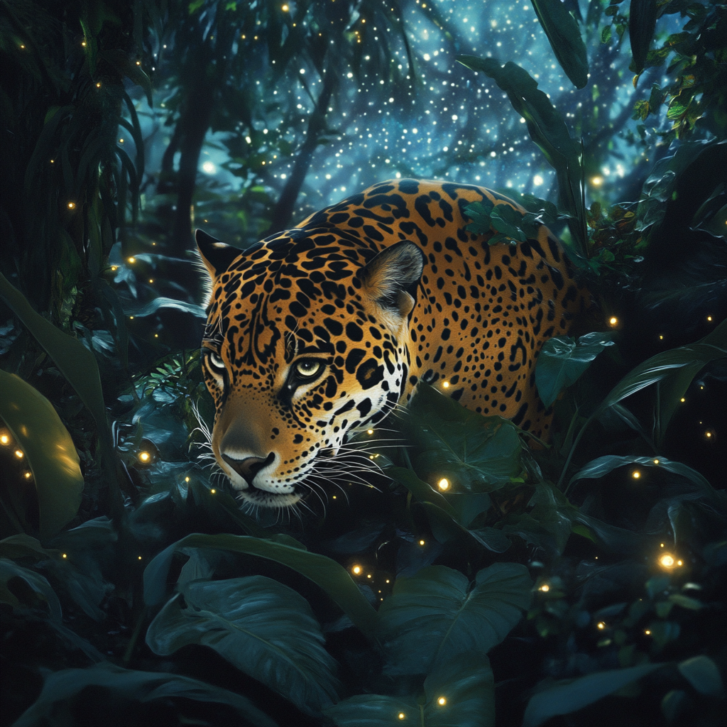 Jaguar with starry spots in surreal jungle scene.