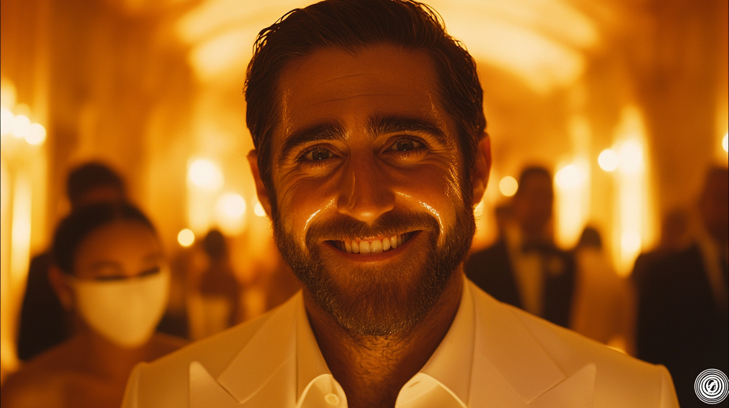 Jake Gyllenhall smiles with tears in elegant ballroom