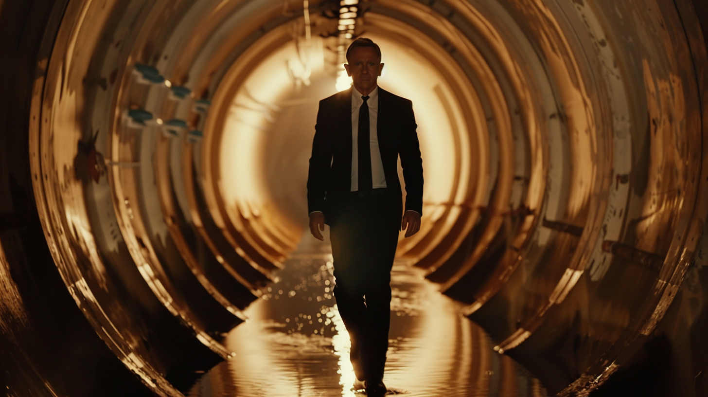 James Bond crouching in tunnel due to low ceiling.