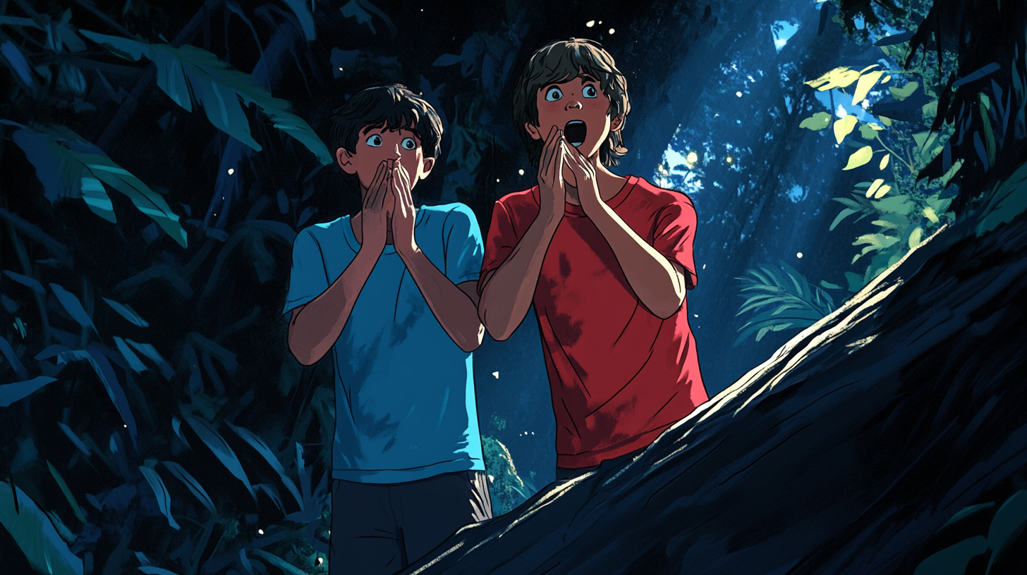 James and Mark shouting in dark jungle at night.