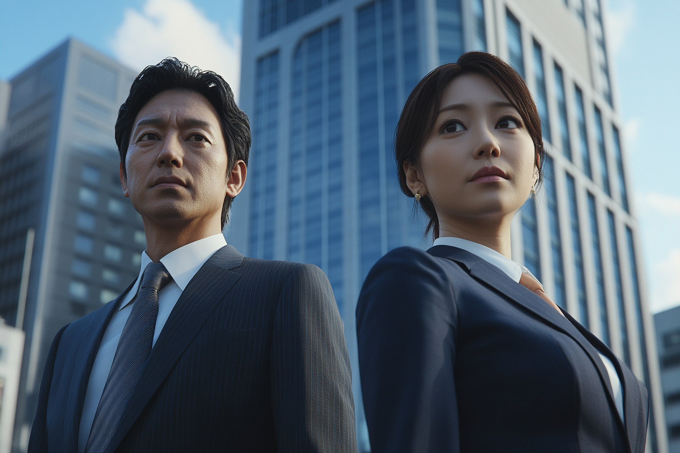 Japanese Business Professionals in Front of Headquarters Building