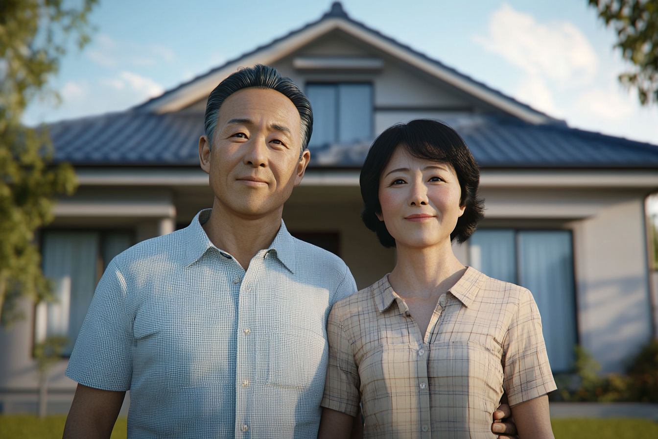 Japanese Couple with Youthful Appearance in Front of House