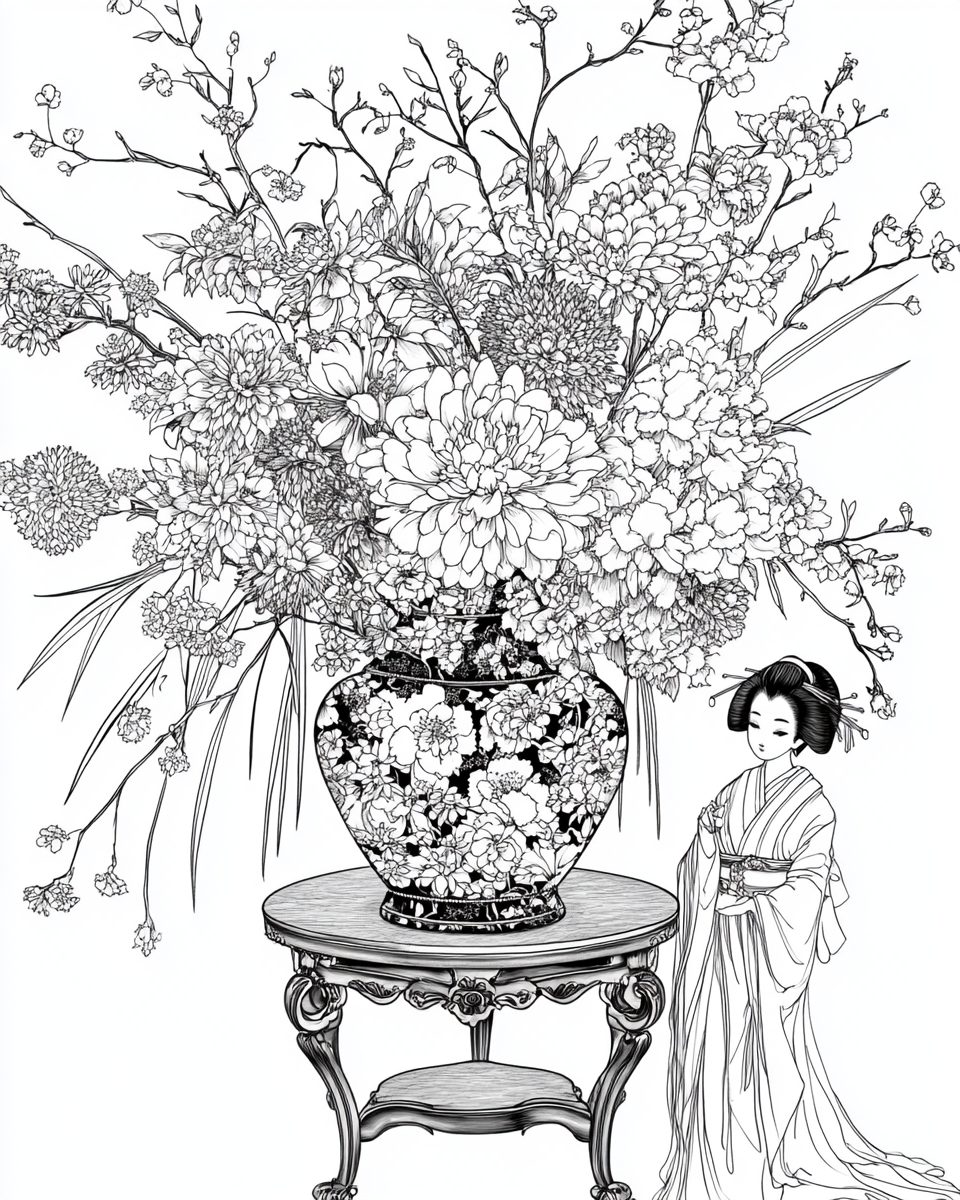 Japanese Flowers in Tall Vase Coloring Page