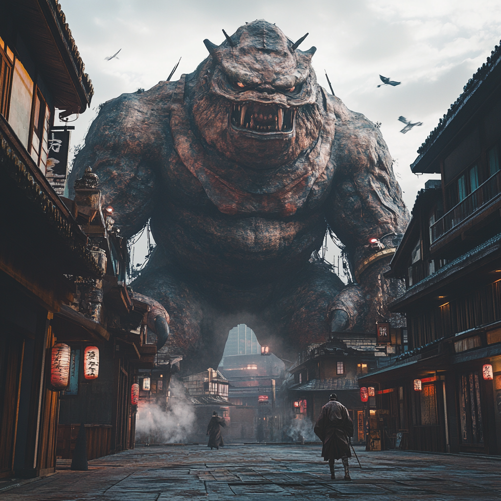 Japanese Giant Yokai in Edo Cityscape, 4k Studio Photo