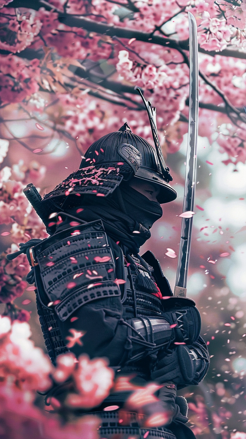 Japanese Ninja Samurai Under Sakura Tree Mobile Wallpaper