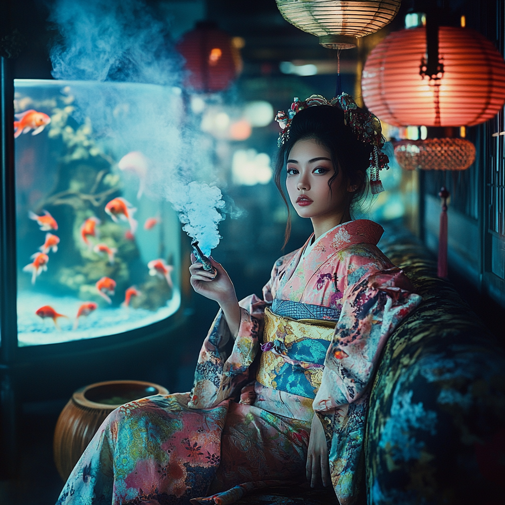 Japanese Oiran Woman Relaxing on Sofa with Smoke Pipe