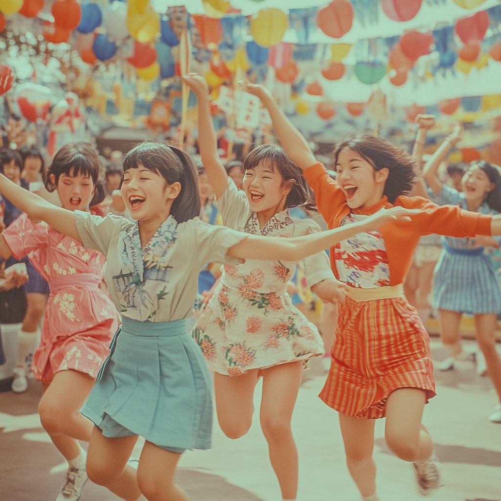 Japanese School Festival With Energetic Students, 1970s Style