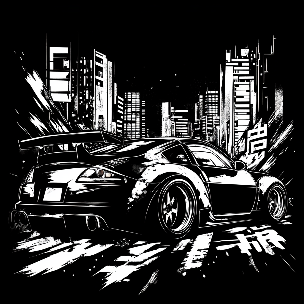 Japanese Sports Car in Cityscape: Black and White