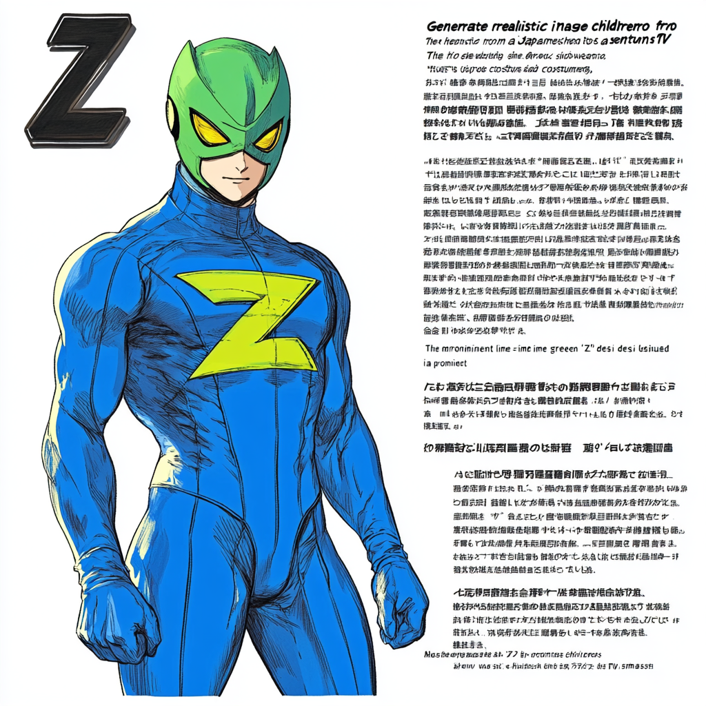 Japanese Superhero in Blue Costume with Lime-Green Mask