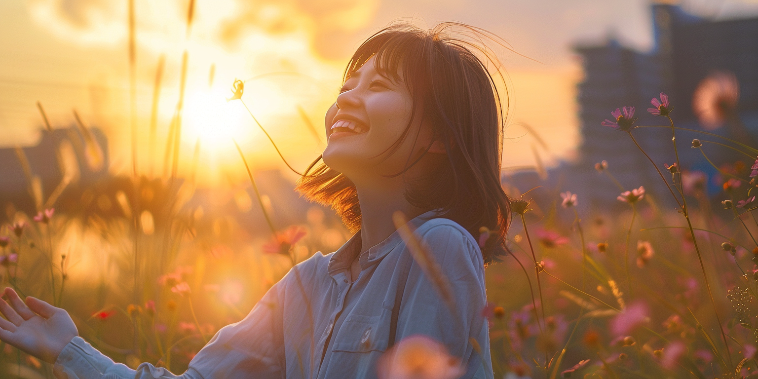 Japanese Teen Smiling in Colorful Meadow Photo