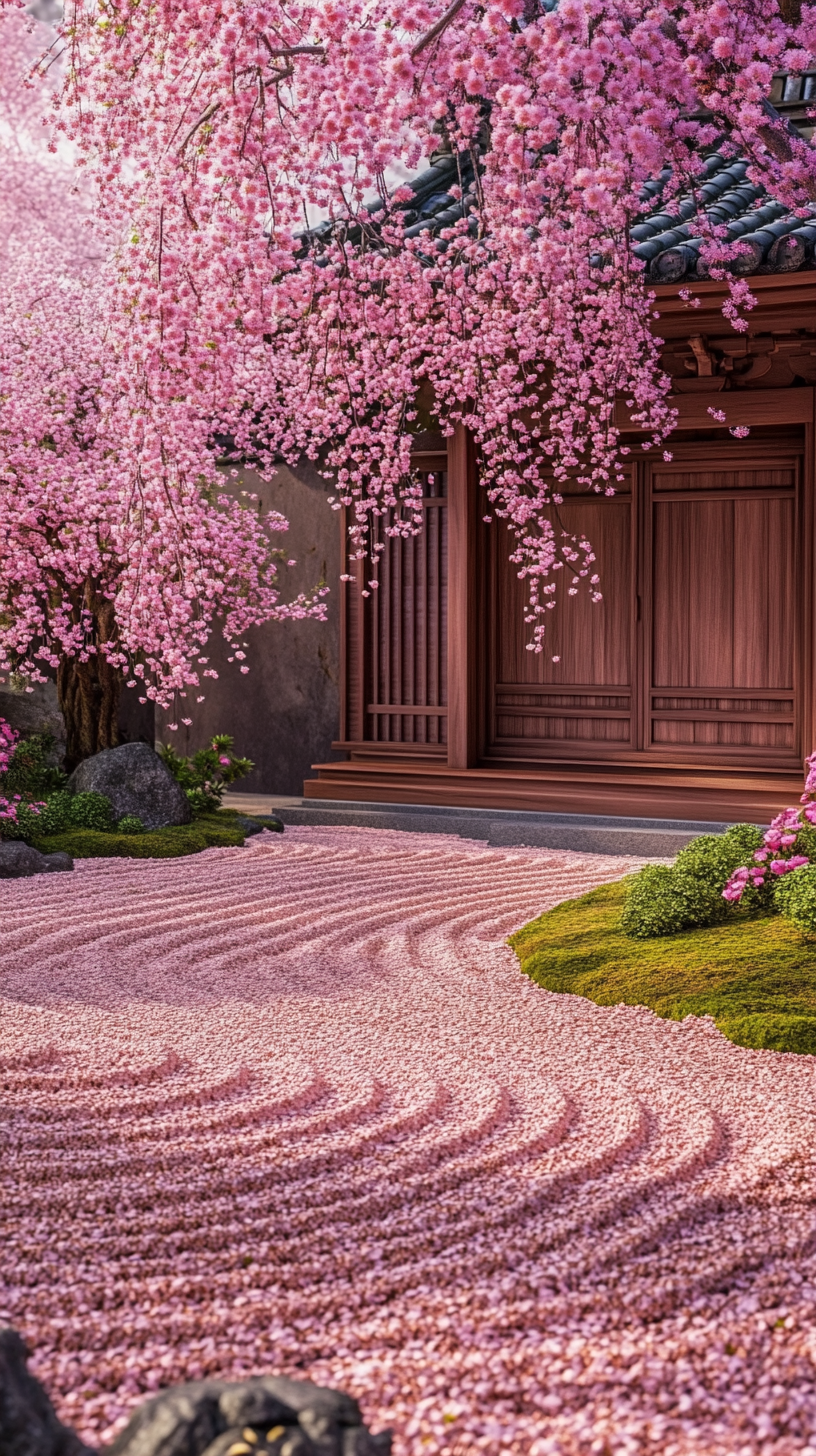 Japanese Temple Garden with Blossoming Cherry Tree