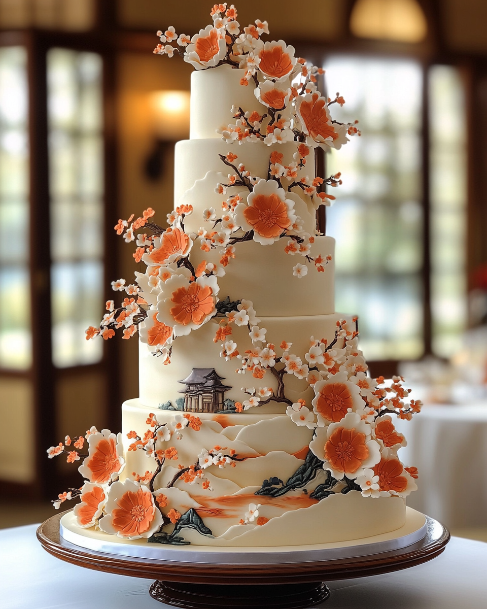 Japanese Wedding Cake with Kimono Designs in Grand Ballroom