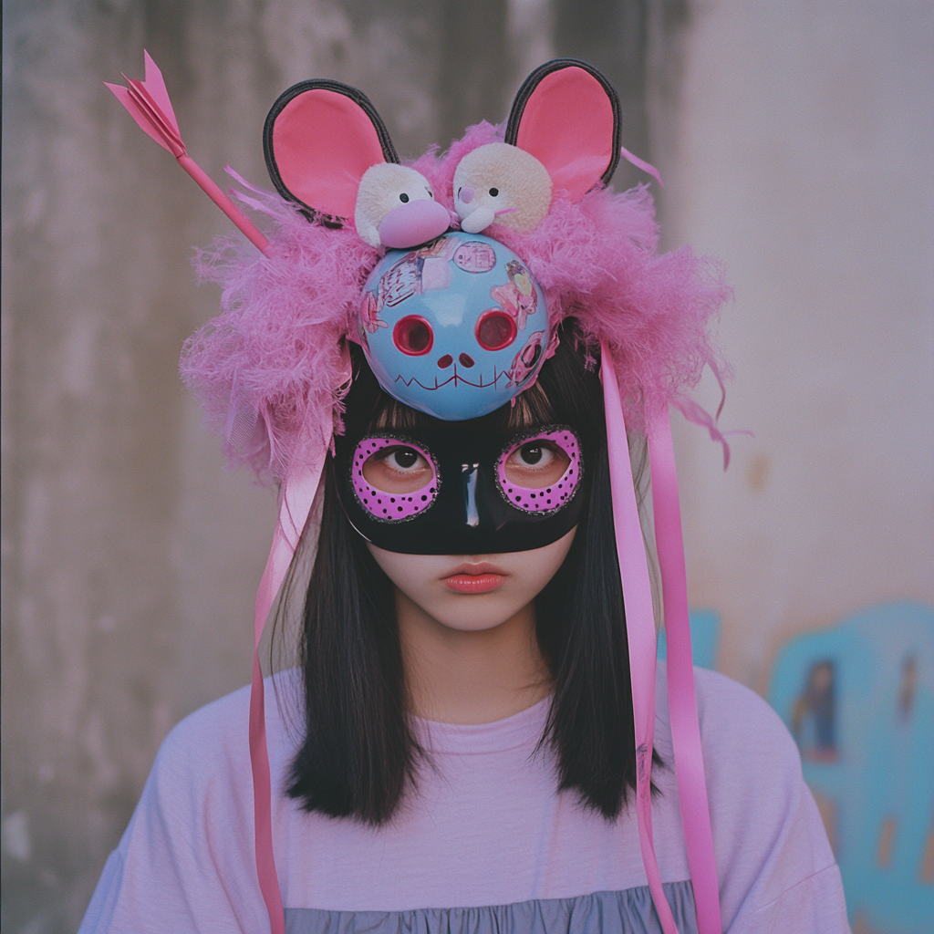 Japanese Woman Wearing Skull Mask and Cute Outfit