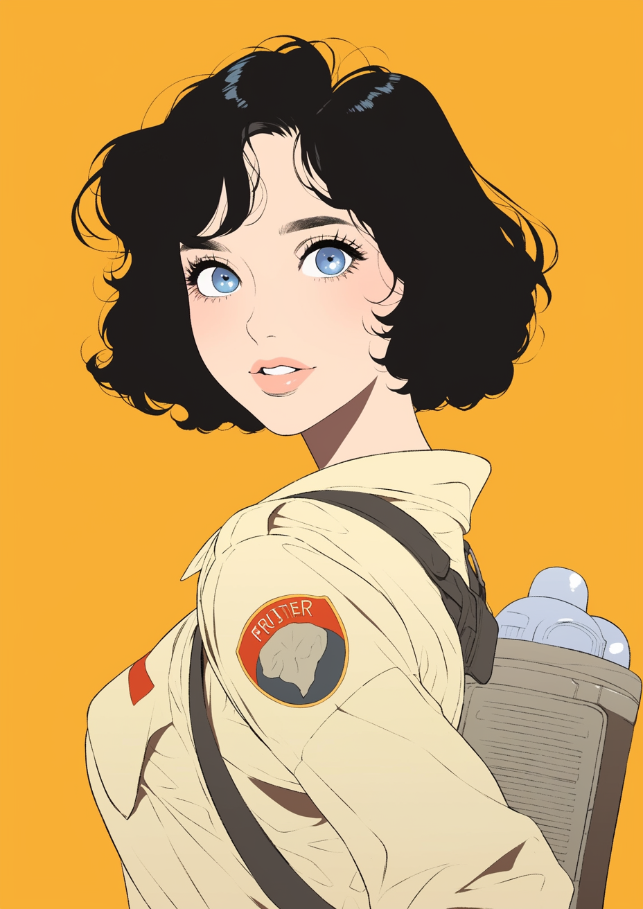 Japanese Woman in Ghostbusters Uniform Cartoon Portrait