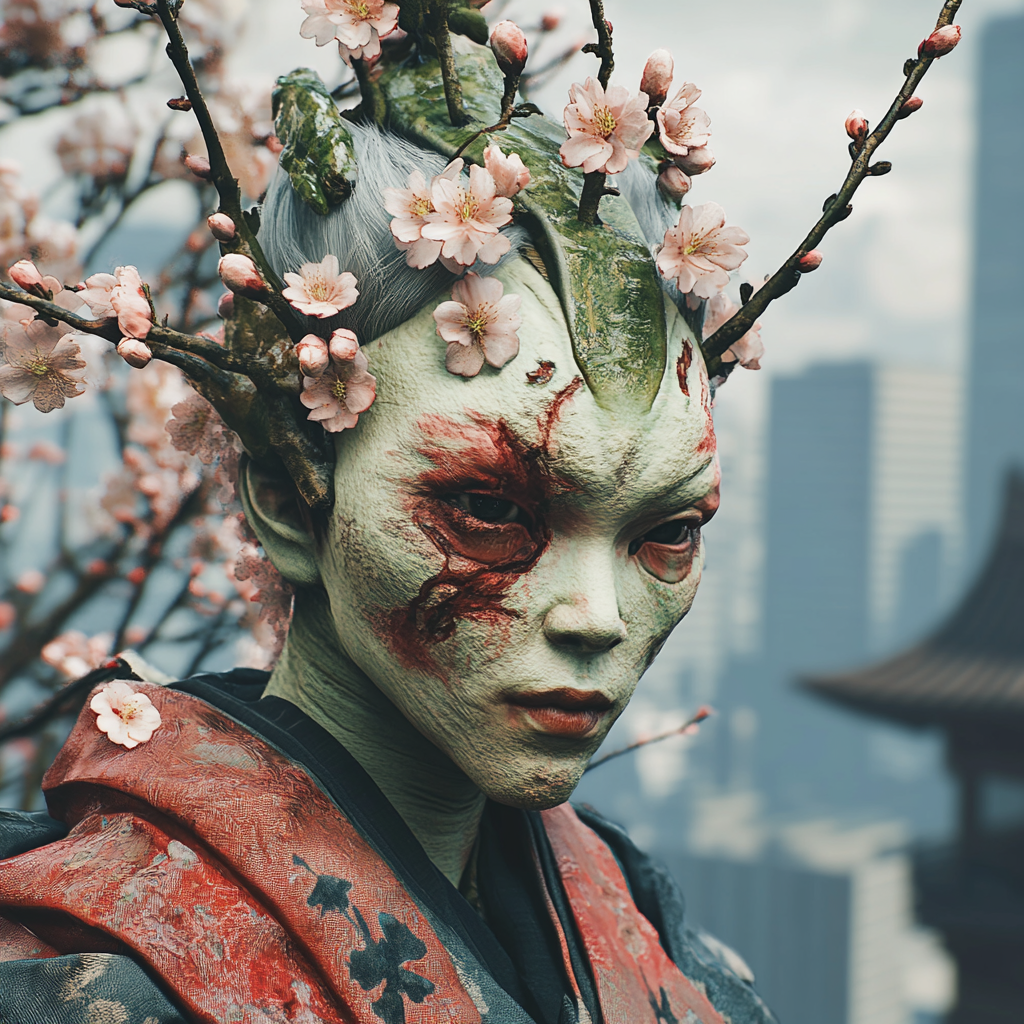 Japanese Yokai and Cherry Blossom Fairy Encounter in Edo Period Cityscape