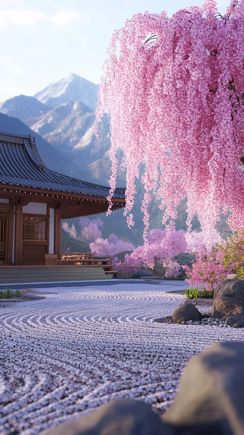 Japanese Zen temple, pink cherry blossom tree