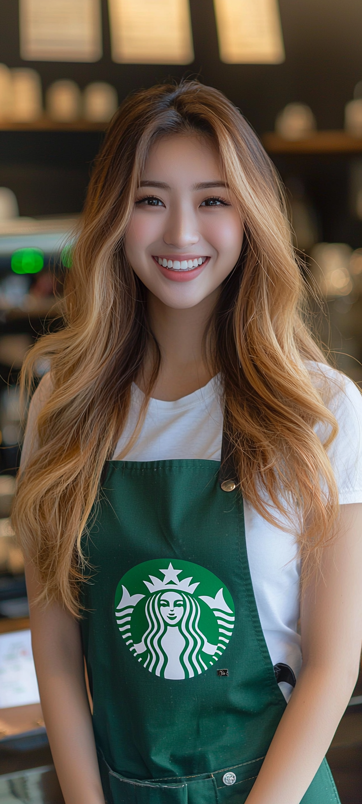 Japanese actress at Starbucks wearing green apron, smiling beautifully.