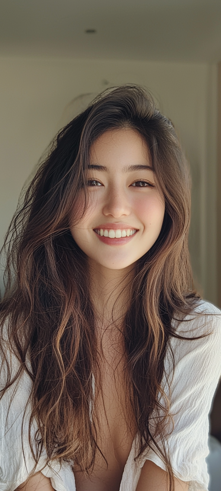 Japanese actress with beautiful hair smiling professionally filmed