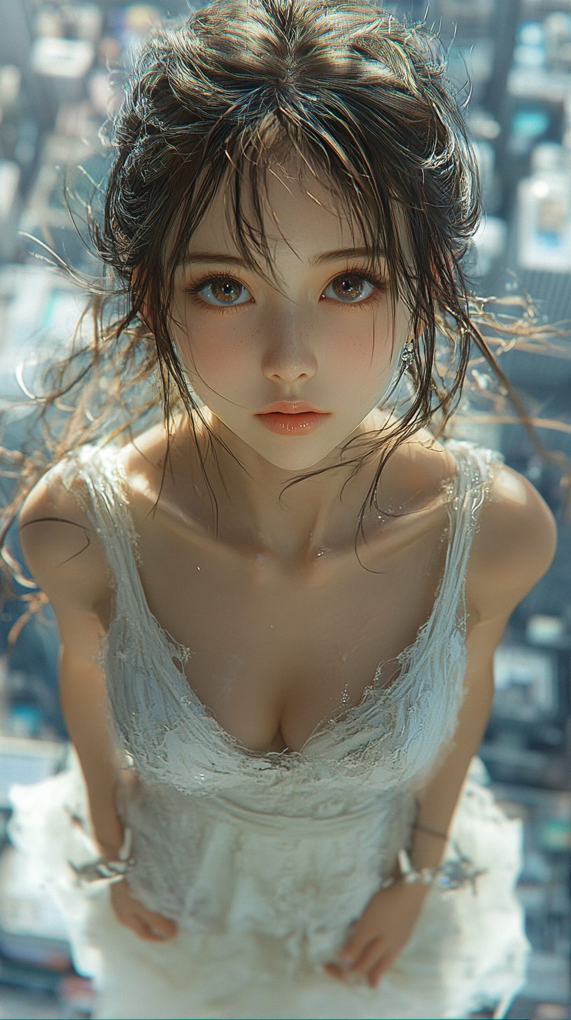 Japanese animation style bird's-eye view, beautiful girl with deep charming eyes.