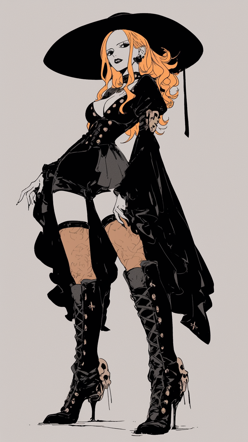 Japanese anime style drawing of Nami in gothic clothing.