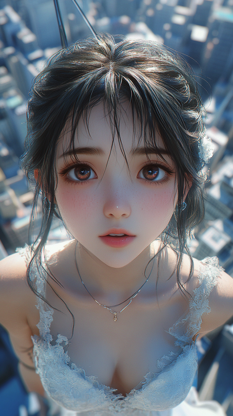 Japanese anime style: beautiful girl with deep eyes, makeup, ethereal aura, delicate features, white dress. Stands on tall building roof.