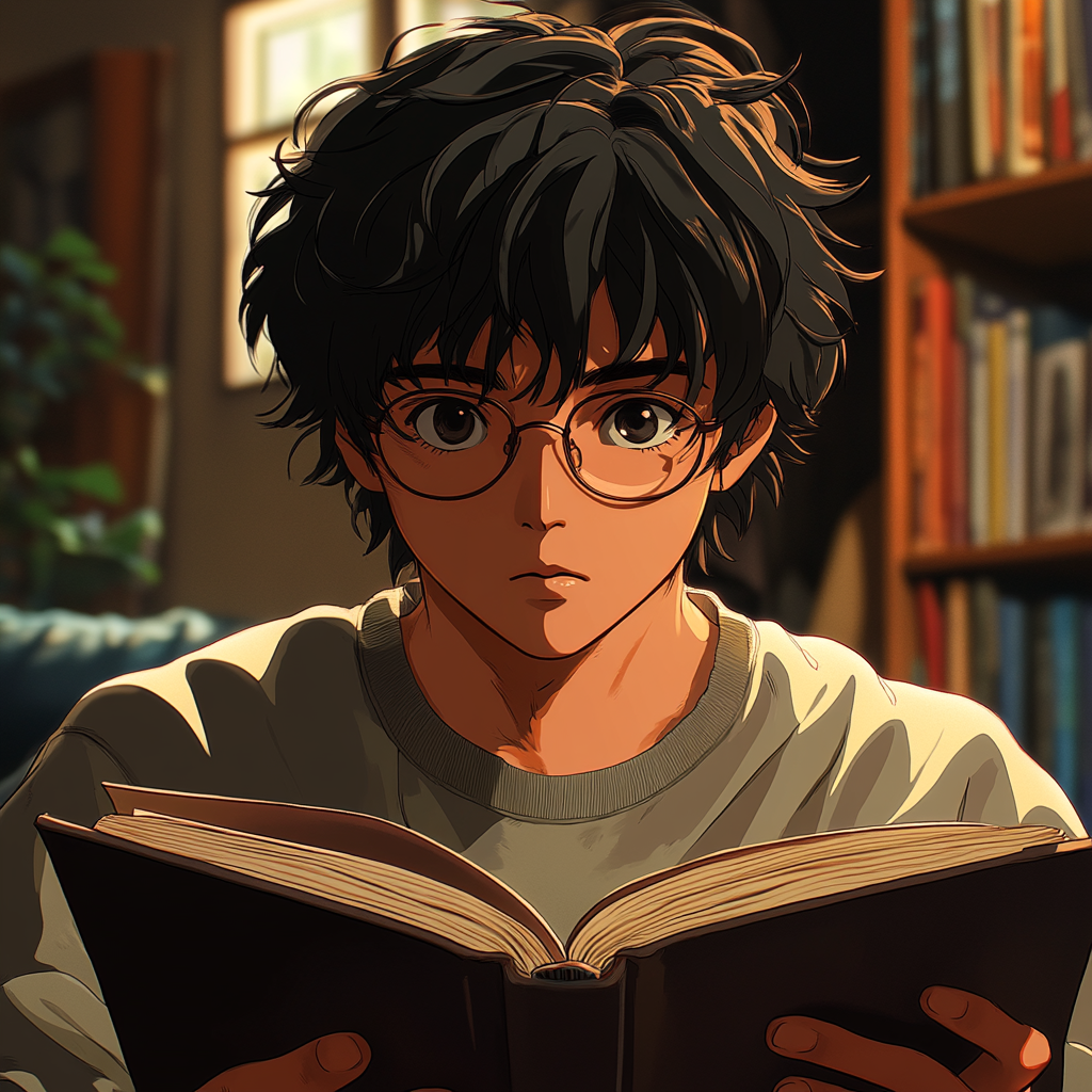 Japanese anime teen studying at home with book