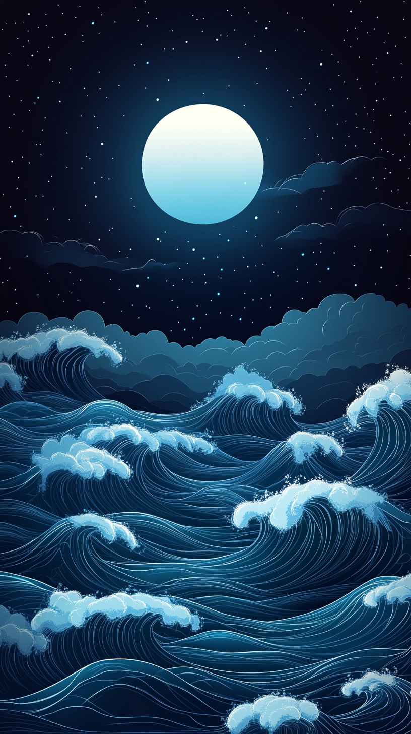 Japanese art of ocean waves under full moon