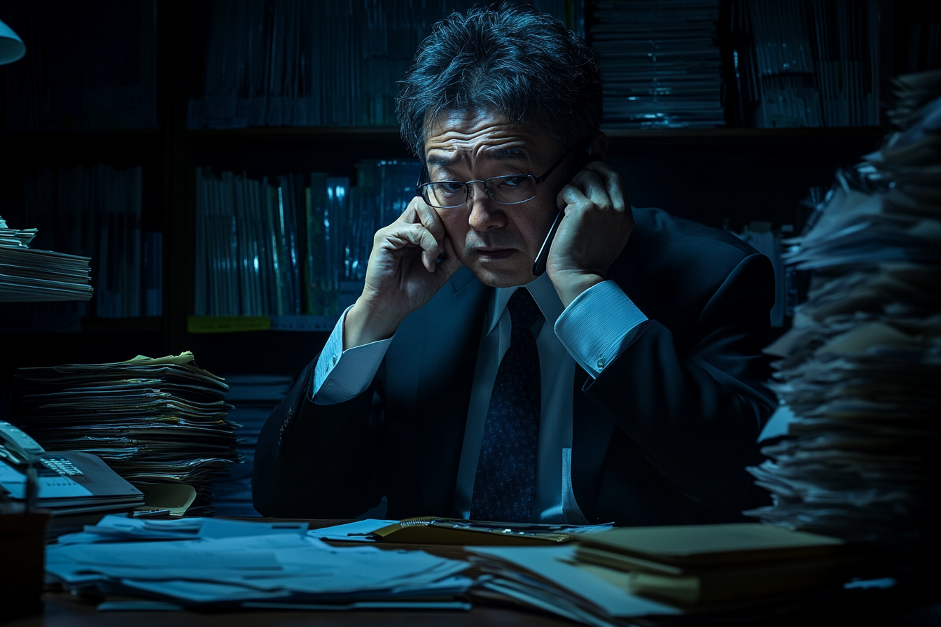 Japanese banker, age 40, in dim office