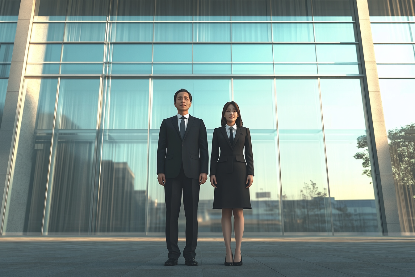 Japanese businessman and woman in front of office