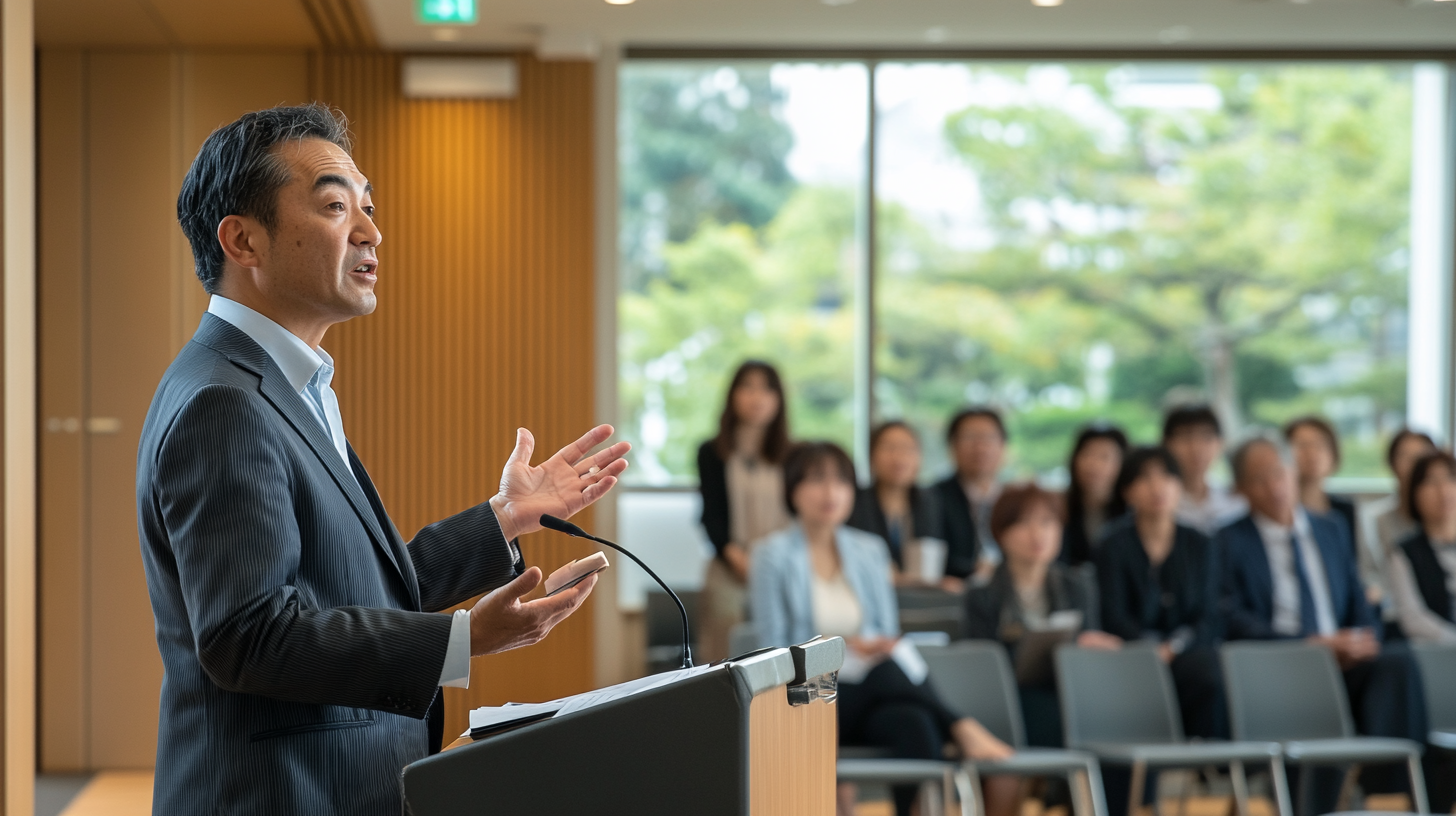 Japanese businessman leading seminar in modern conference room.