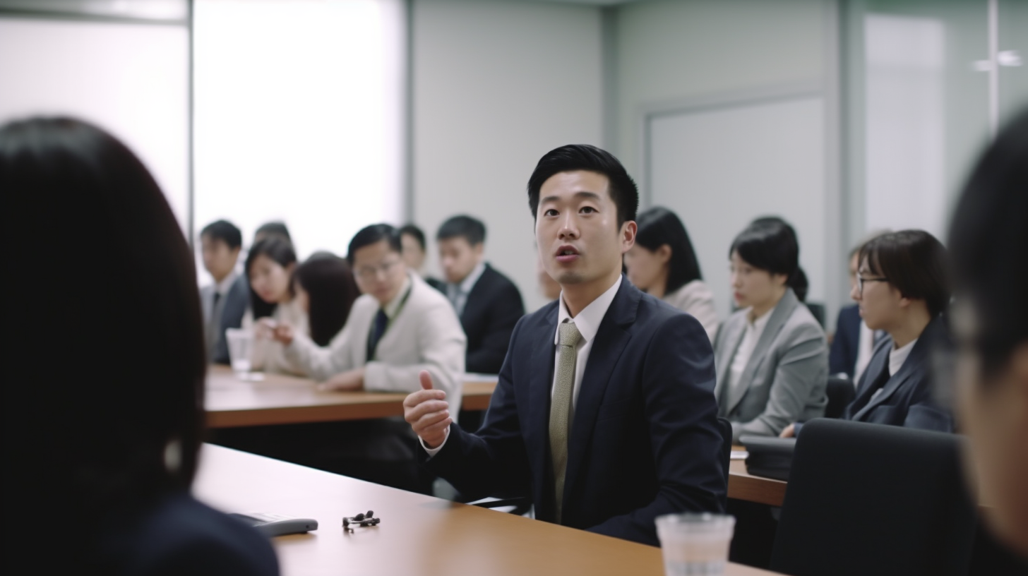 Japanese businessman seminar in modern conference room- Intently listening.