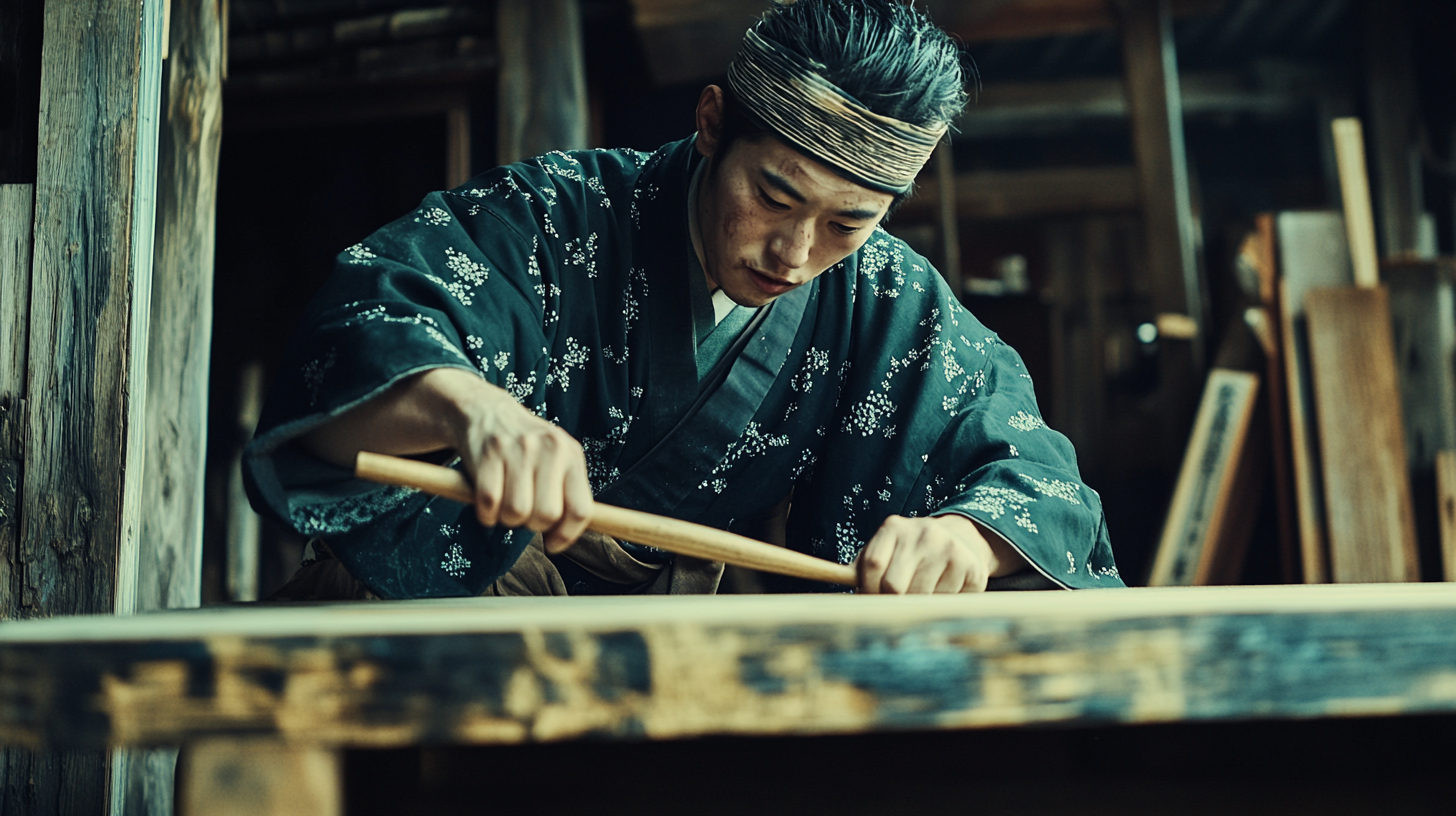 Japanese carpenter hammering nails in traditional workshop