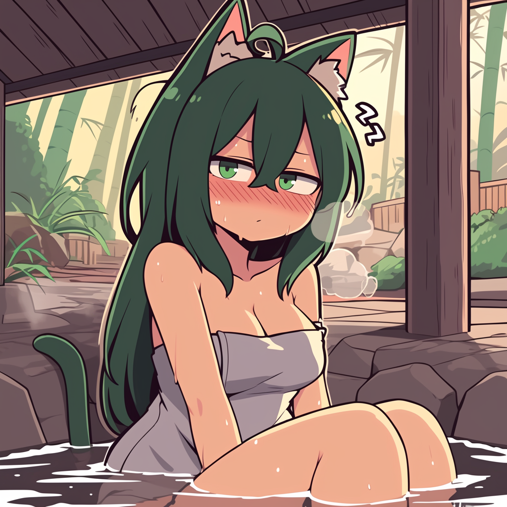 Japanese cat girl in hot spring in town spa.