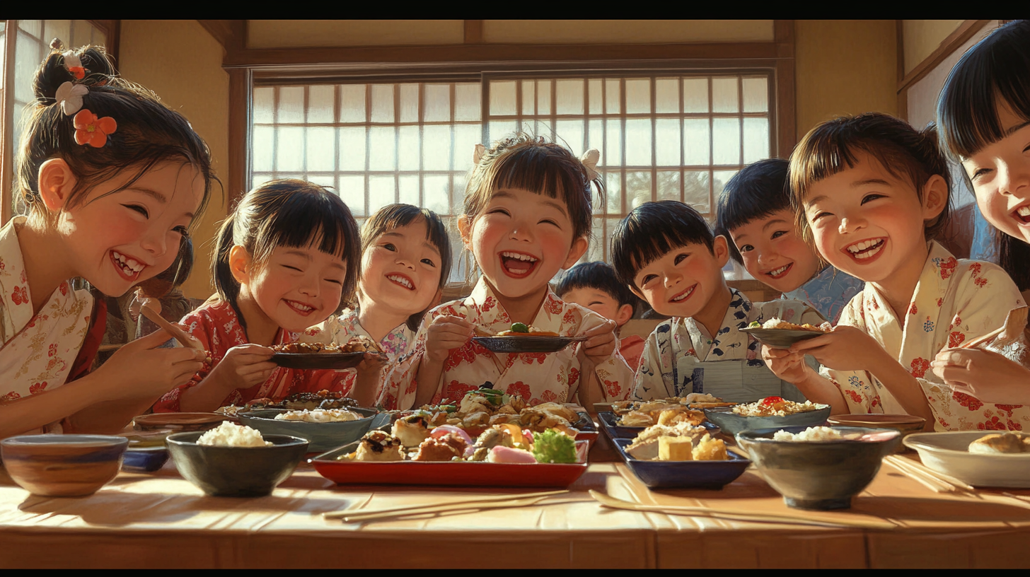 Japanese children from middle-class family enjoying meal