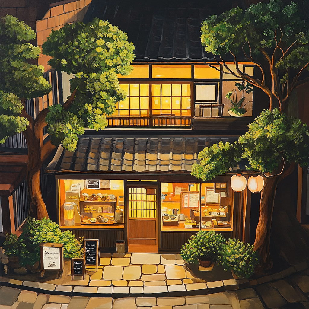 Japanese coffee shop in street with realistic details.