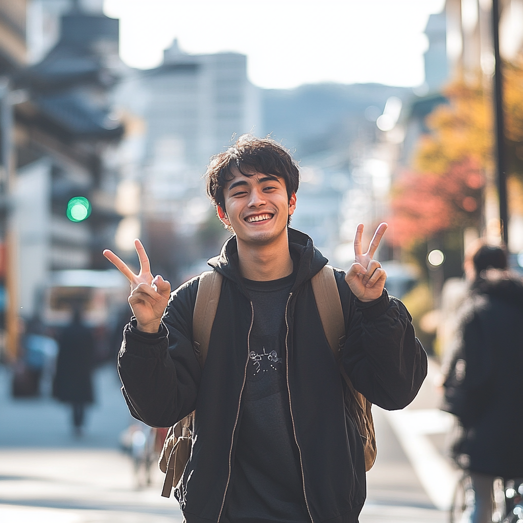 Japanese college student poses confidently in Nagasaki. Sun highlights his expression, city life behind him.