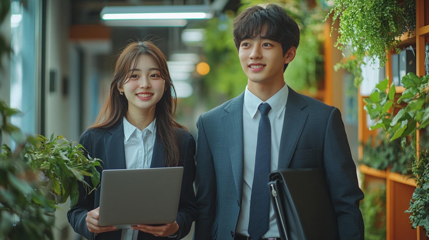 Japanese college students in suits walking in office with laptop.