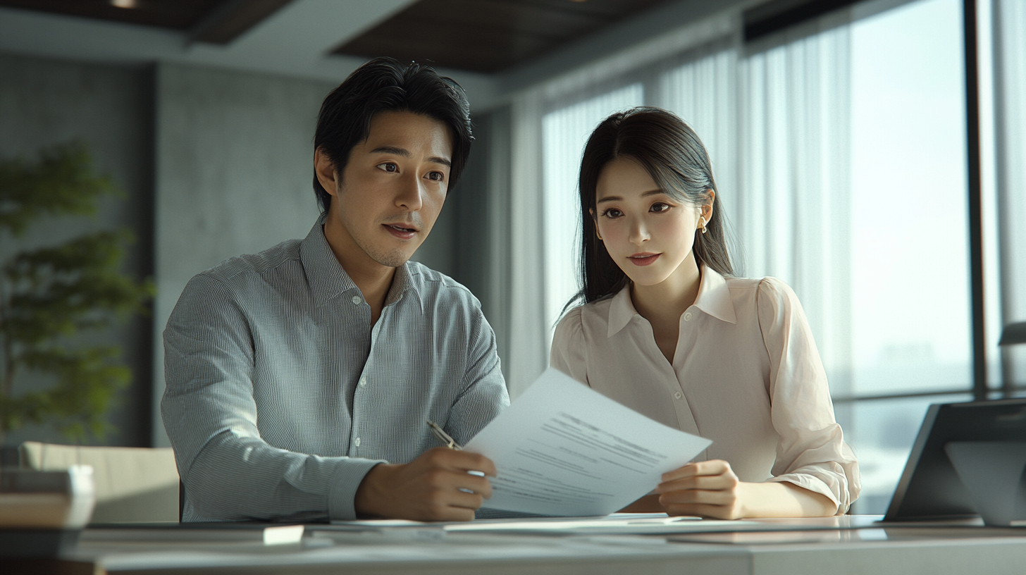 Japanese couple sitting in office with documents