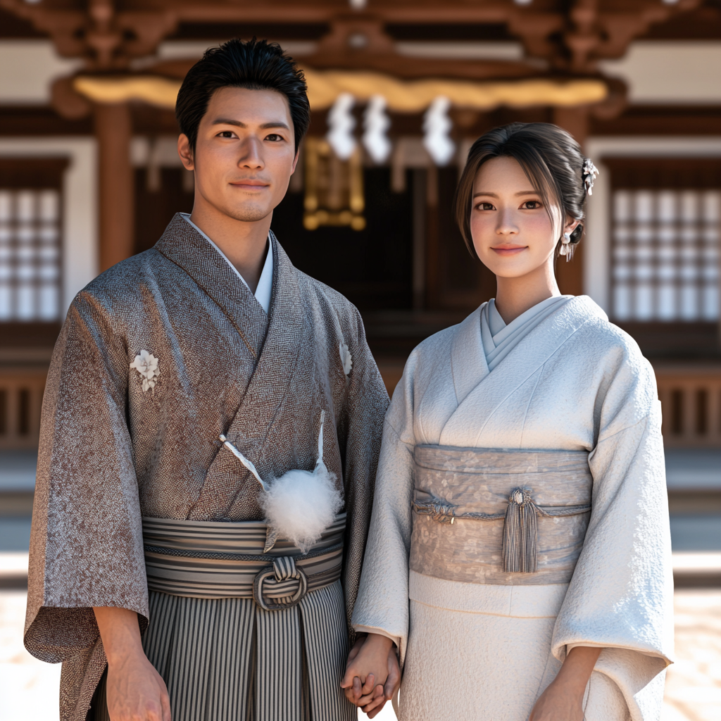 Japanese couple in ceremonial attire at shrine, smiling.