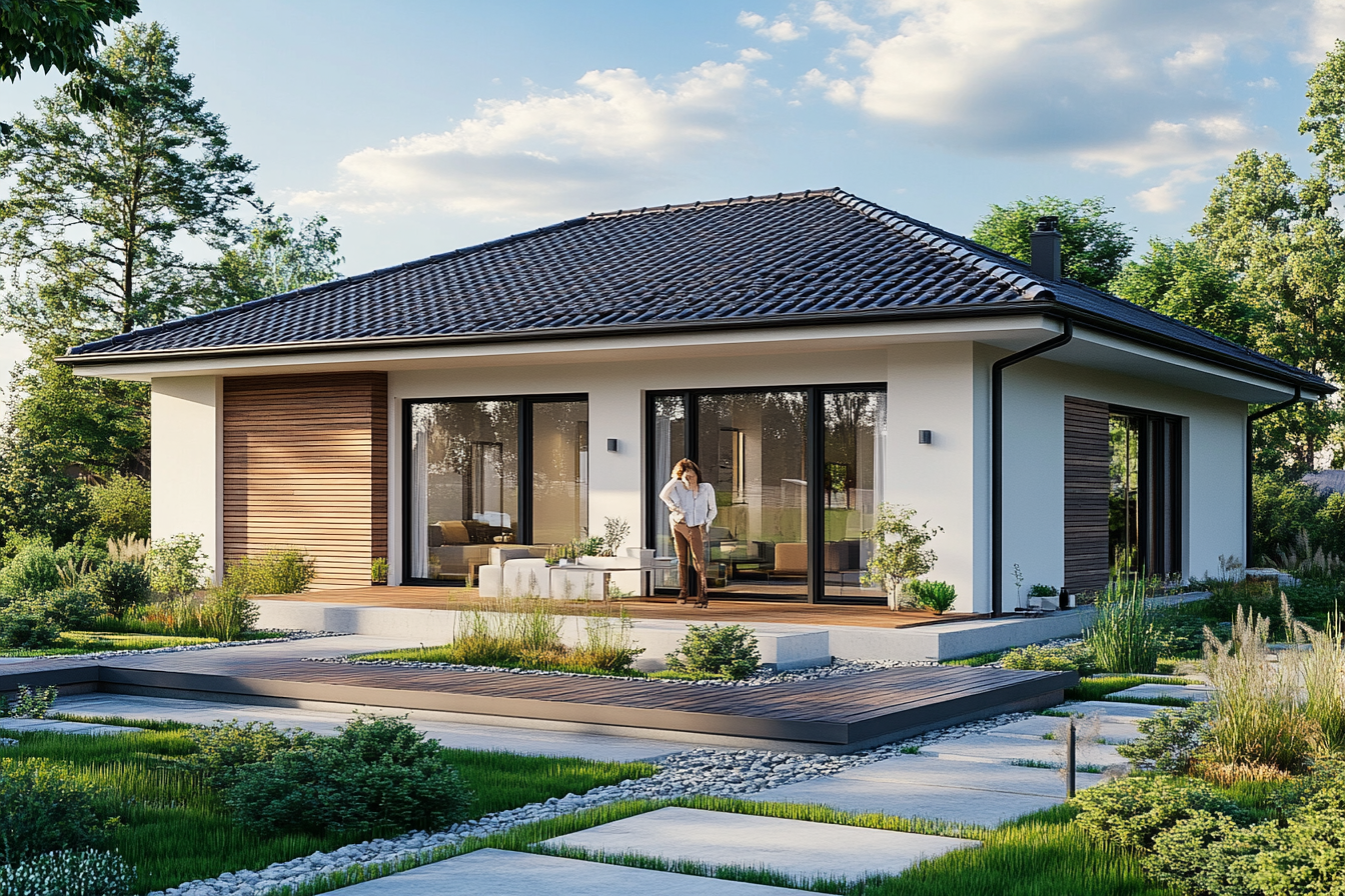 Japanese couple in front of new home, sunny day