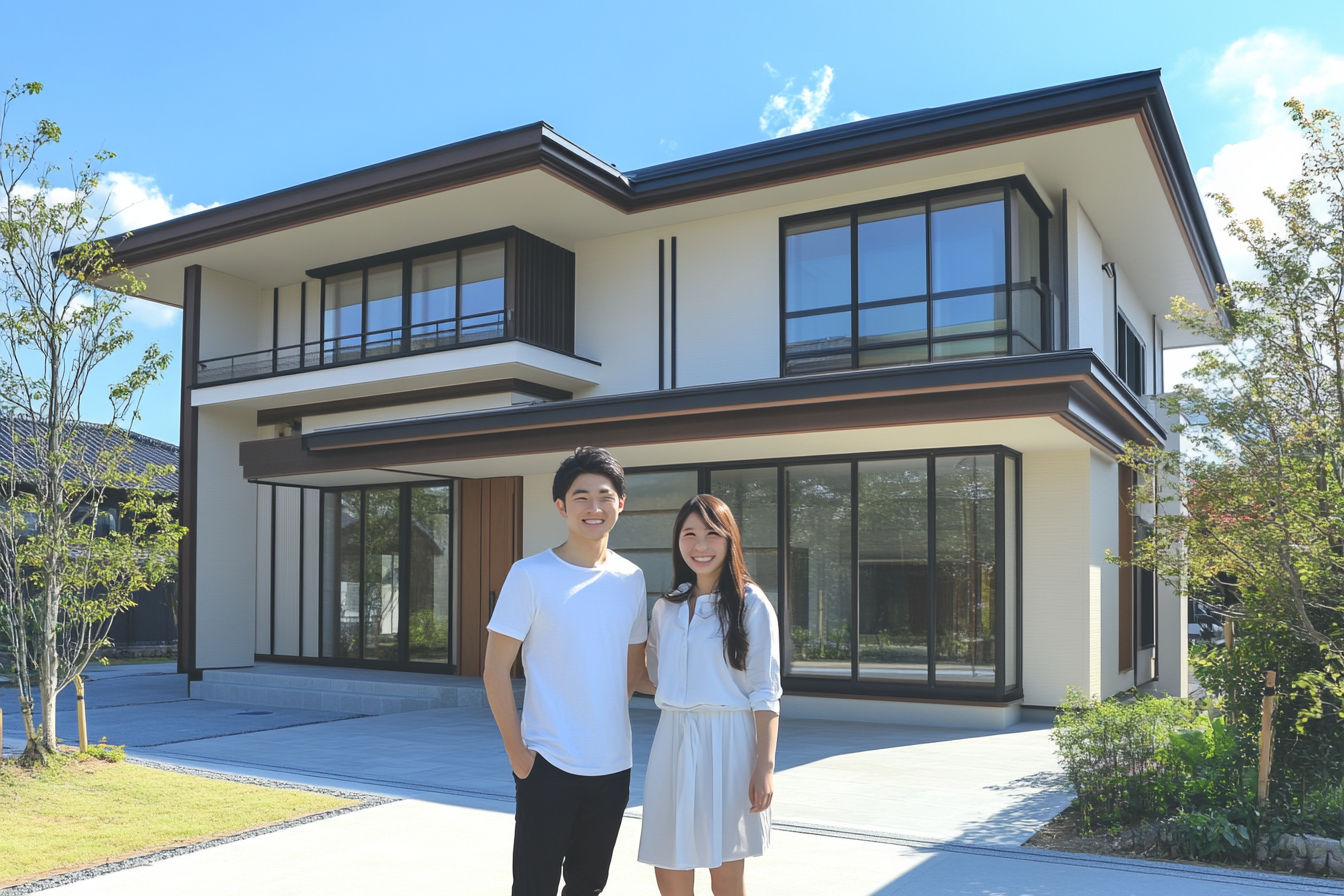 Japanese couple in front of new house