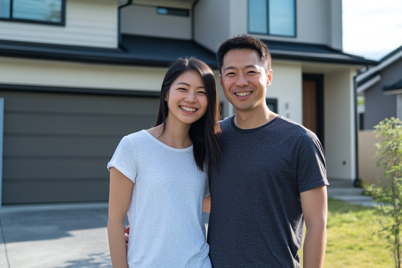 Japanese couple smiling in front of their modern home