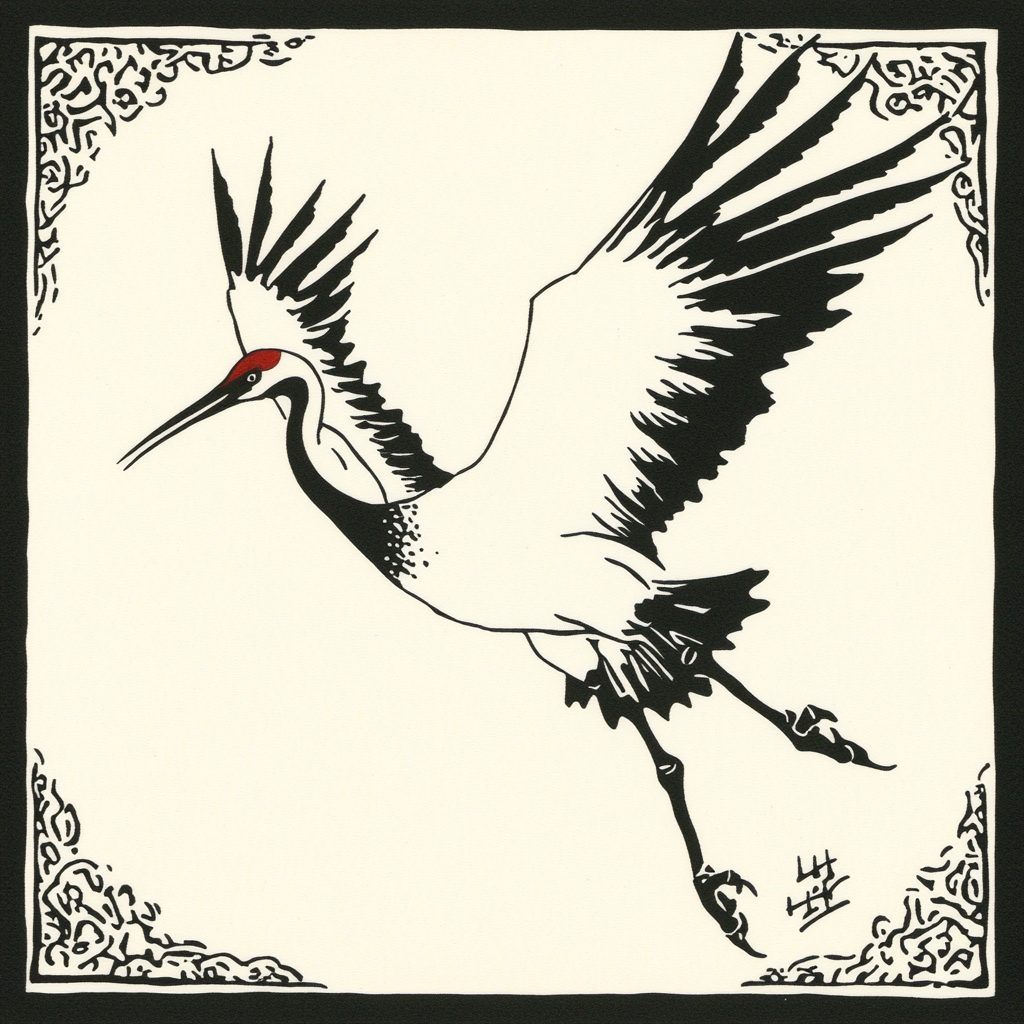 Japanese crane bird woodcut print in Chinese folk art.